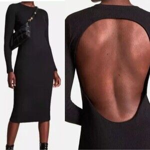 NWT ALLSAINTS Molly Dress Black Cutout Back Ribbed Stretch Midi Long Sleeve US 4